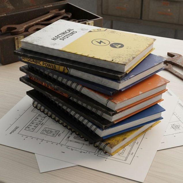 A stack of various technical notebooks with different colored covers and spiral bindings.