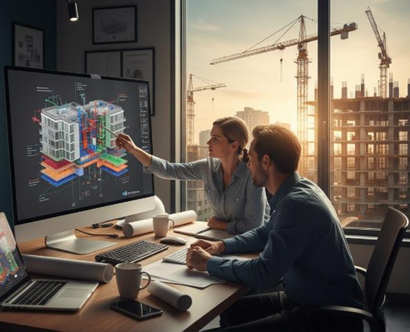 Two professionals discussing architectural designs on a computer screen in an office setting.
