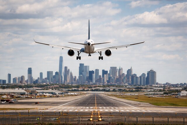 Commercial airliner landing at Newark Airport.